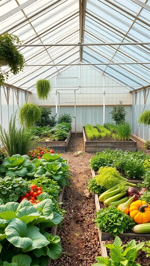 Inside a greenhouse featuring raised bed vegetable gardens with various greens and colorful produce.