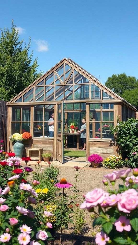 Reclaimed wood greenhouse surrounded by colorful flowers, showcasing vintage charm.