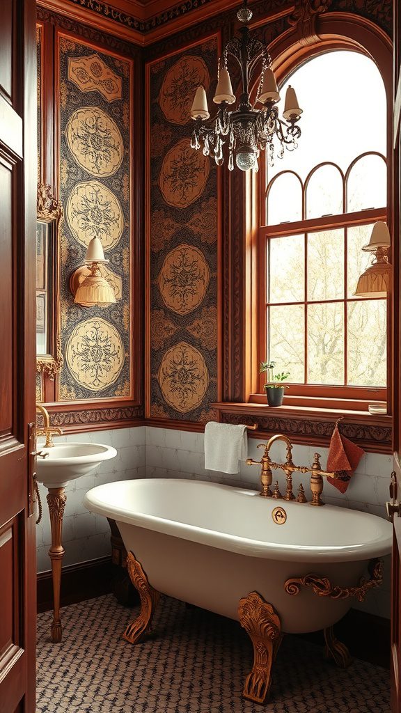 A vintage Edwardian style bathroom featuring a clawfoot tub, ornate fixtures, and decorative wallpaper.