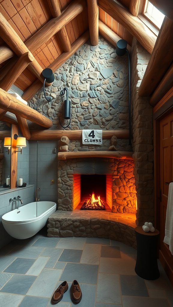 A rustic lodge bathroom featuring a stone fireplace, wooden beams, and a freestanding bathtub.