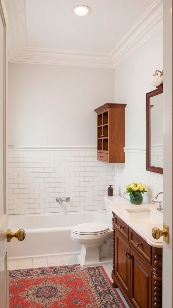 A traditional Colonial Revival bathroom featuring warm wood cabinetry, vintage fixtures, and a cozy rug.