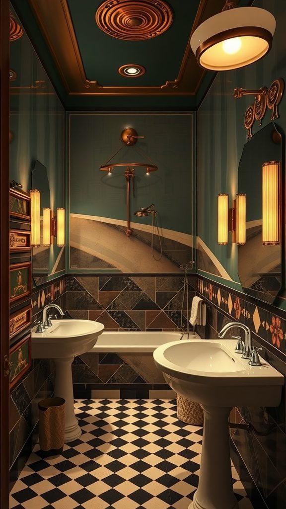 Art Deco inspired traditional bathroom design with vintage fixtures and a cozy atmosphere.