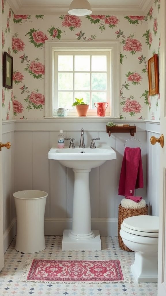 Traditional English cottage bathroom with floral wallpaper and classic fixtures.