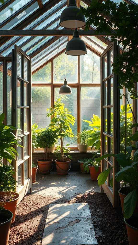 An upcycled window greenhouse filled with plants, showcasing large glass panes and a rustic wooden frame.