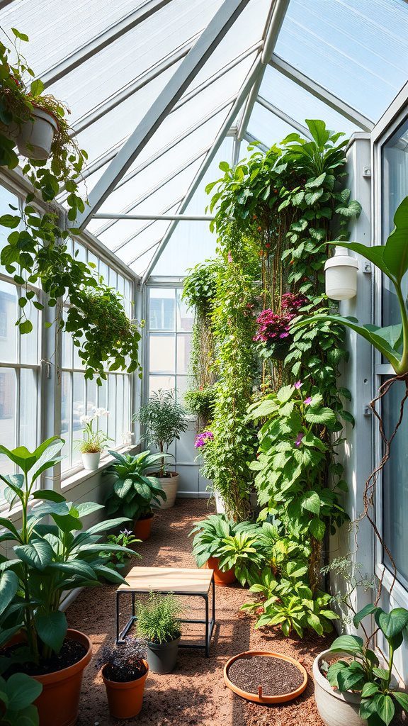 A bright greenhouse filled with various plants, showcasing a vertical garden design.