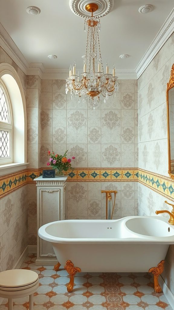A vintage bathroom featuring a white clawfoot tub, crystal chandelier, and elegant decor.