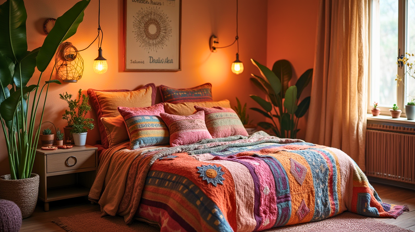 Boho bedroom with warm earthy tones