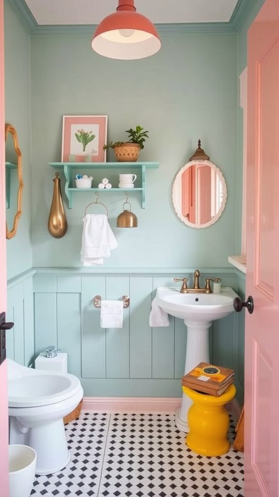 A whimsical cottage bathroom featuring mint walls, vintage fixtures, and colorful decor.