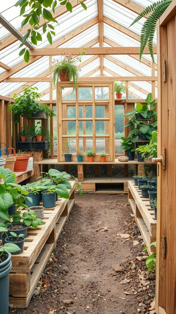 Interior view of a wooden pallet greenhouse filled with plants