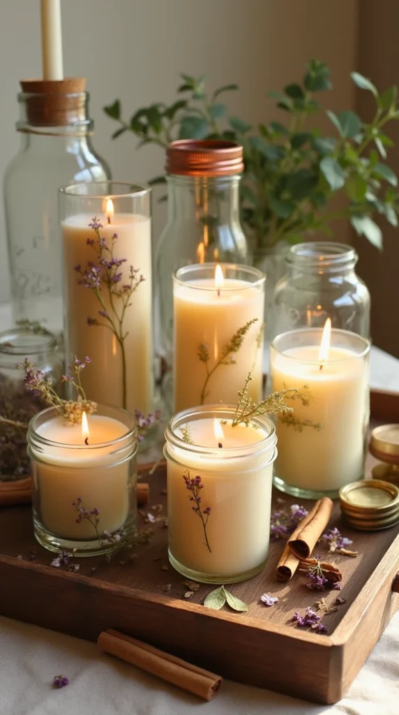 Cozy Handmade Soy Candles Rustic Decor With Dried Flowers & Cinnamon