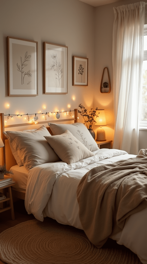 Serene Bedroom Retreat Soft Lighting, Handmade Textiles & Personalized Art