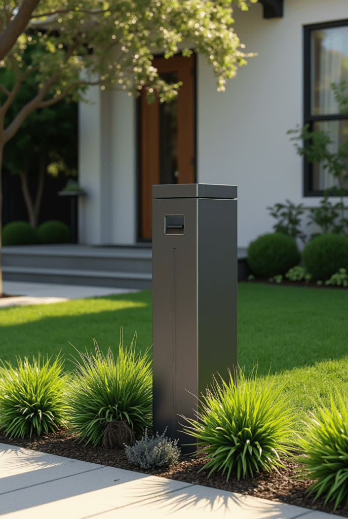 An ultra realistic high end camera shot of a modern mailbox standing elegantly in front of a contem jzf1b5uwuhdhic9wynh3 0