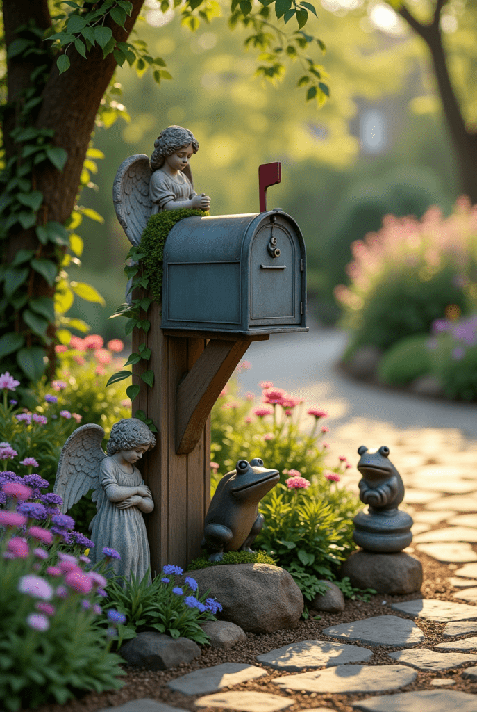 Create a hyper realistic detailed scene of a charming mailbox landscape enhanced with garden statue ll7v1fbjmc9la32h211w 3