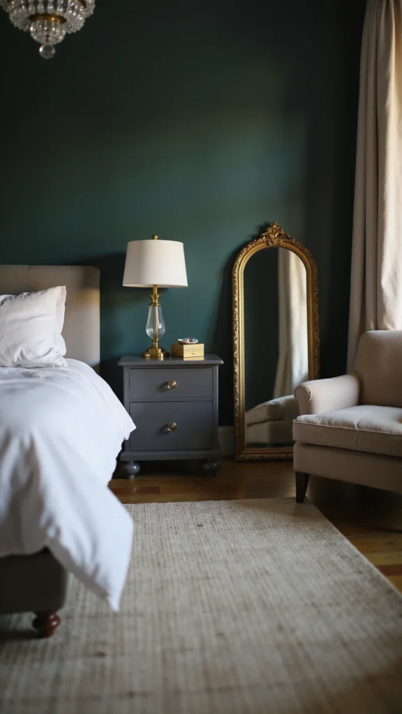 Light bedding and rugs against dark walls