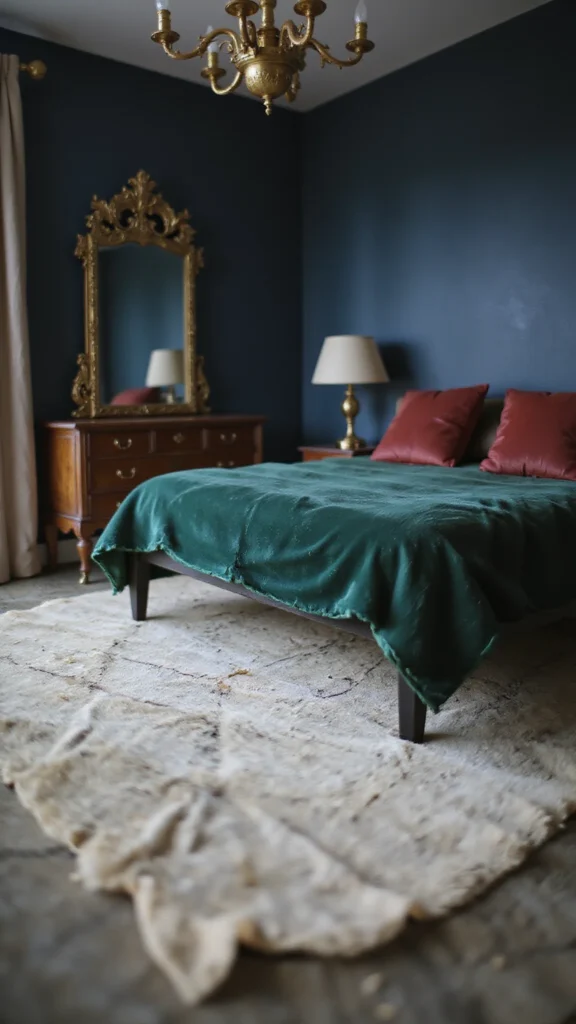 Plush rug against moody jewel tones