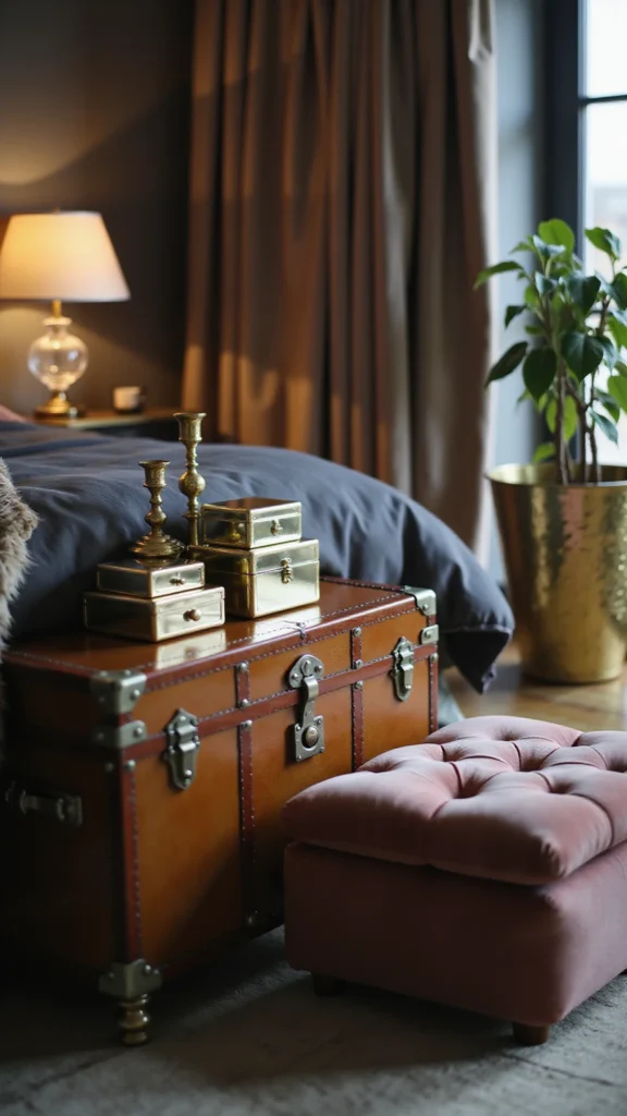 Vintage trunk, mirrored boxes, multifunctional ottoman
