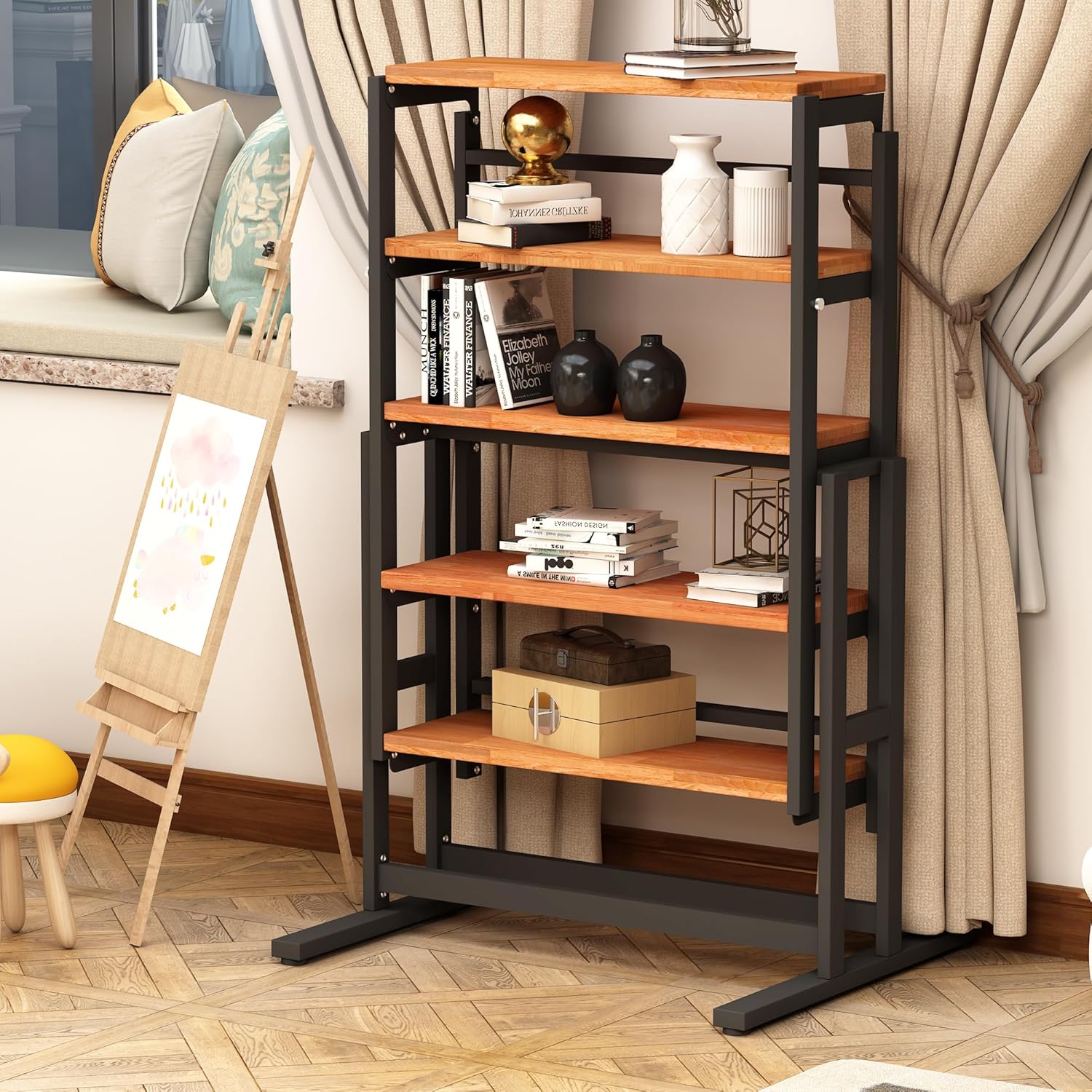 Extendable Dining Table Convertible 2 in 1 Shelf to Table with Metal Frame