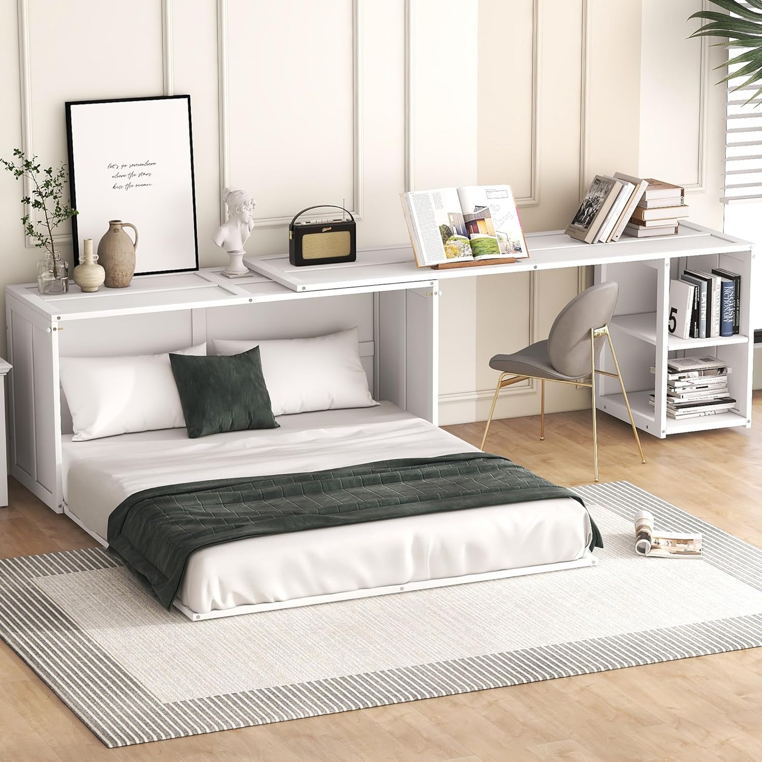 Queen Size Murphy Bed,Cabinet Hideaway Bed with Rotable Desk