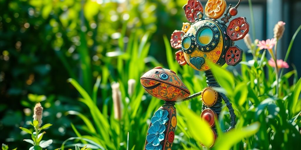 Colorful garden art beside lush plants.